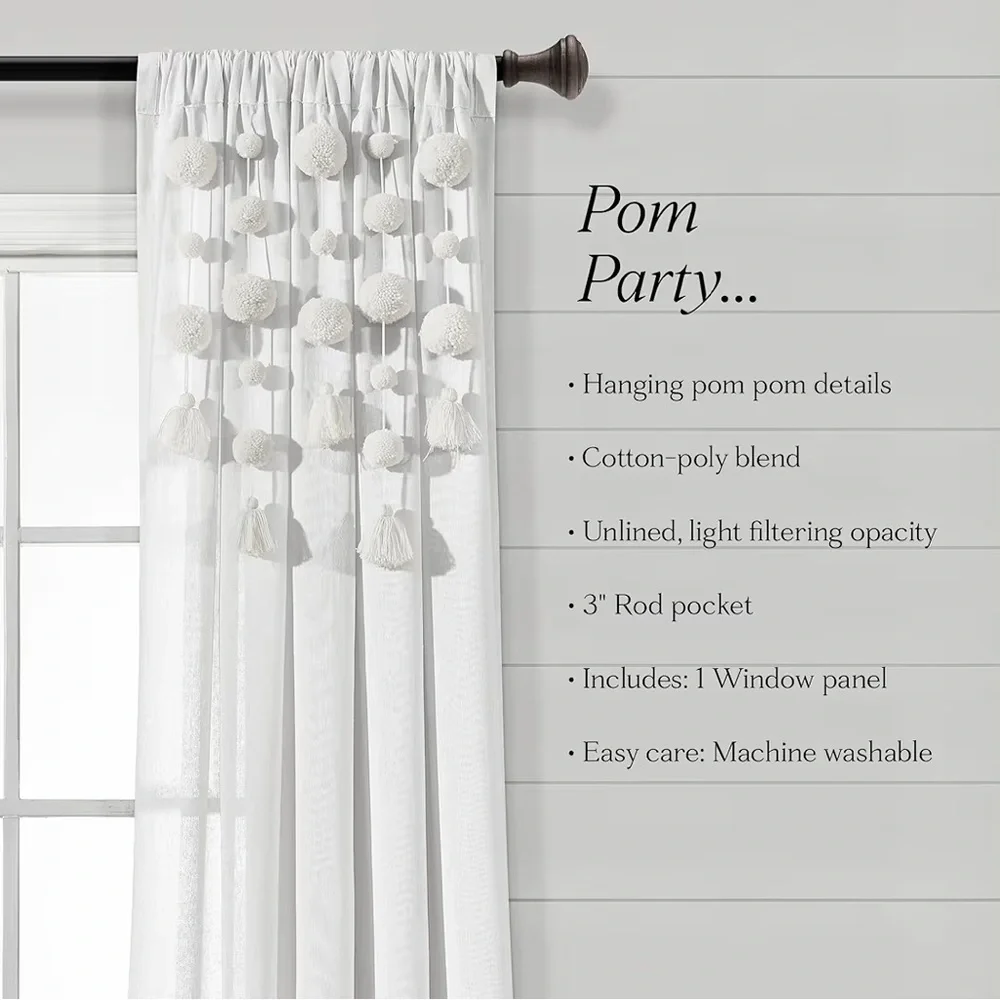 Lush Decor Boho Pom Pom Tassel Linen Textured Window Curtain Panel, Single panel